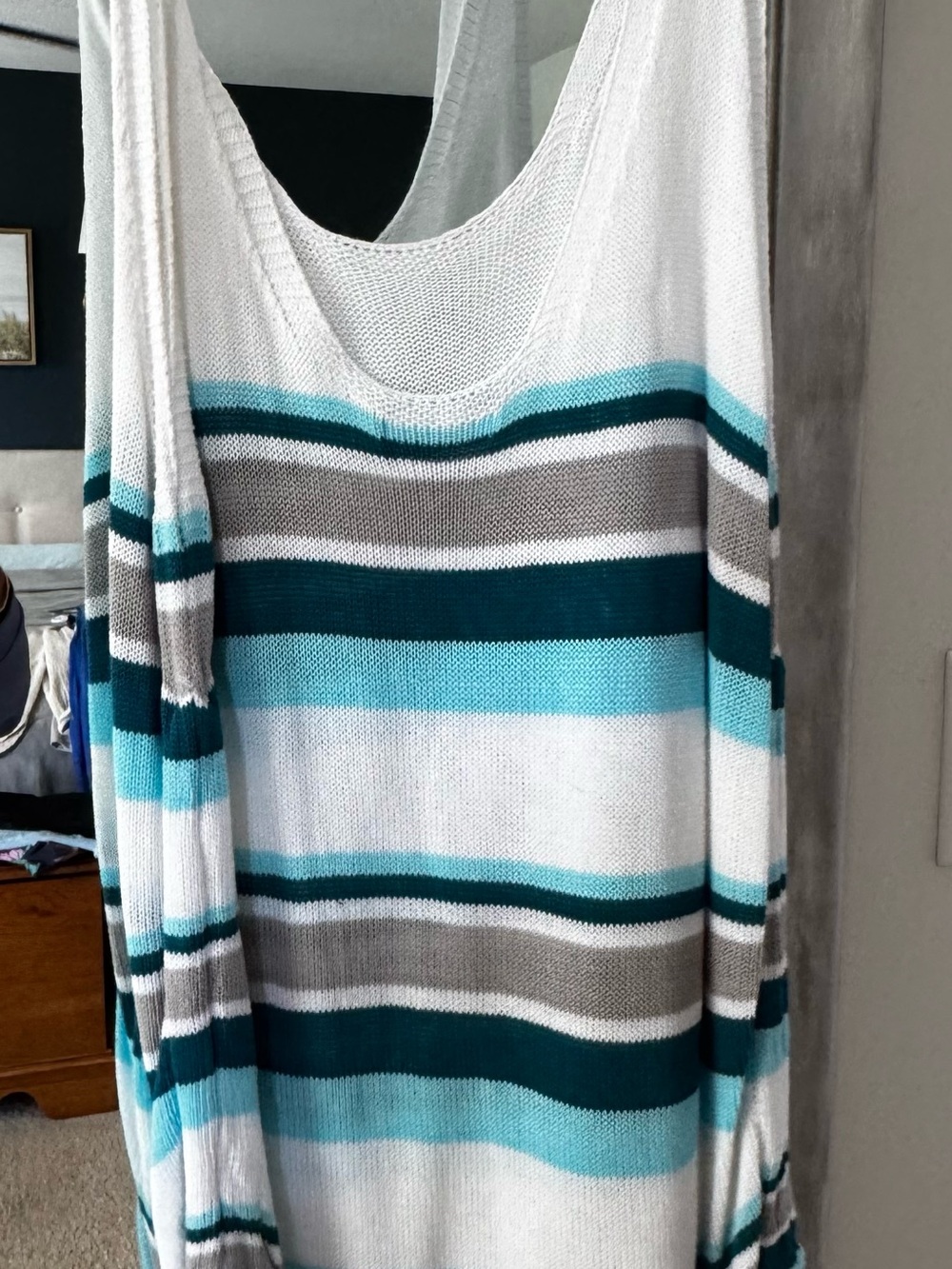 Striped Women’s Swim Coverup - White with Teal & Gray Stripes